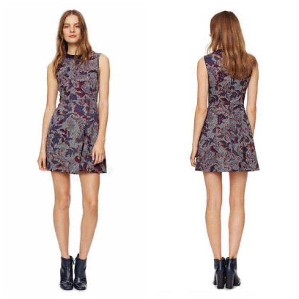 Tory Burch‎ Navy Blue Dalia Pixilated Print Brocade Cut Out Pencil Dress 14 NEW